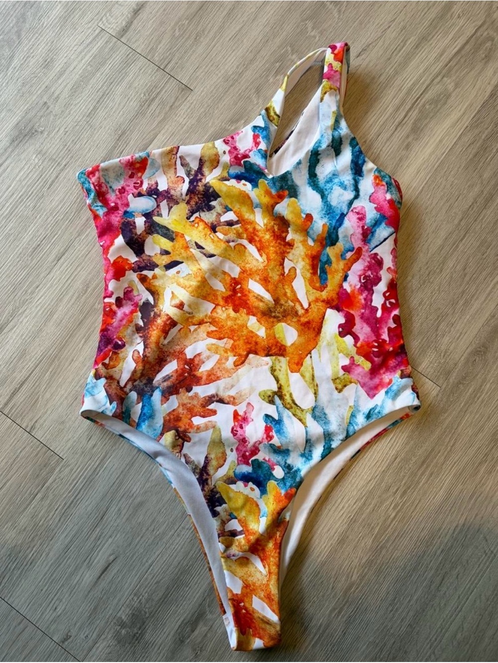 SHEIN Multicolor Coral-Print One-Shoulder Swimsuit - Orange Pink Blue Yellow